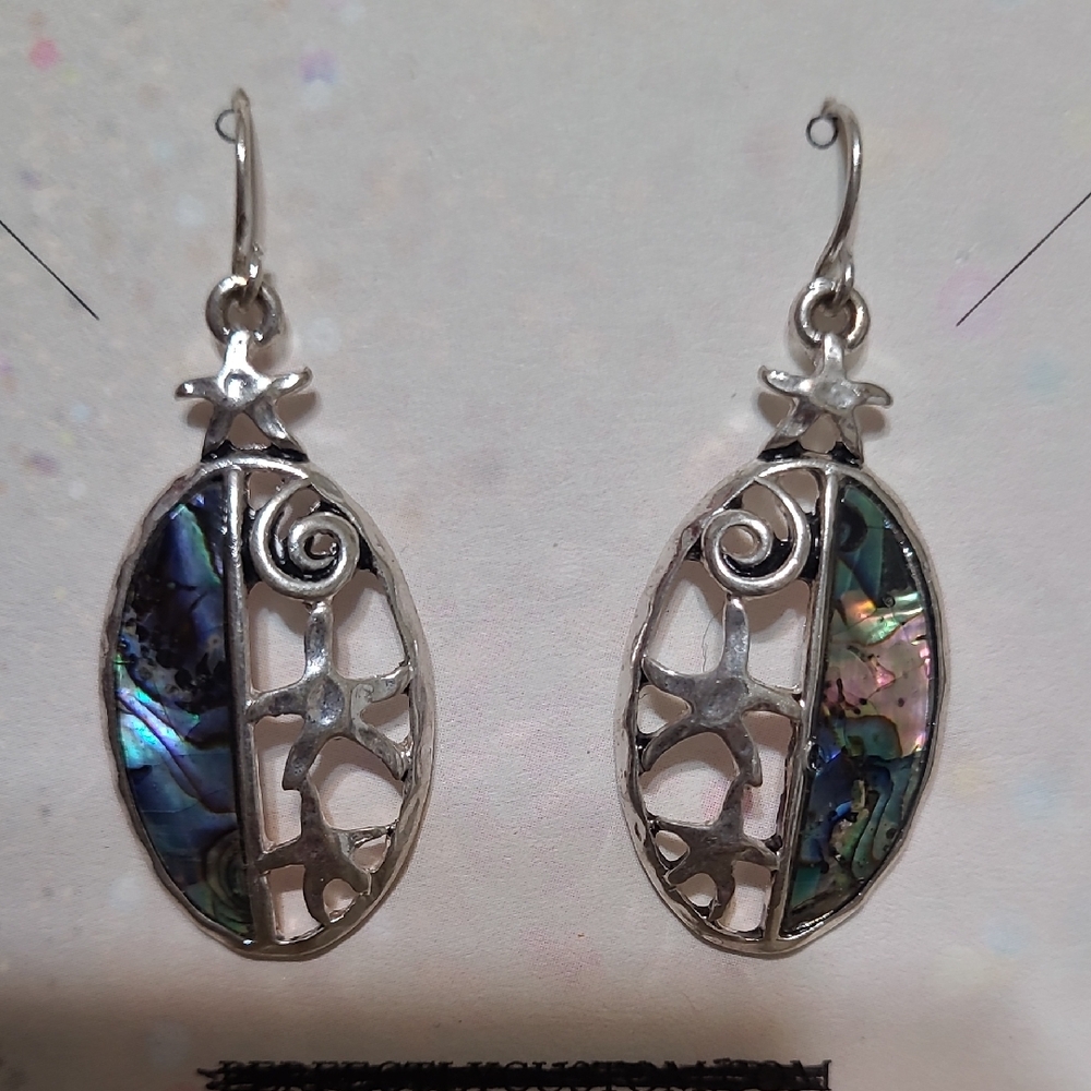 Silver Abalone Inlay Oval Drop Earrings - Blue Green